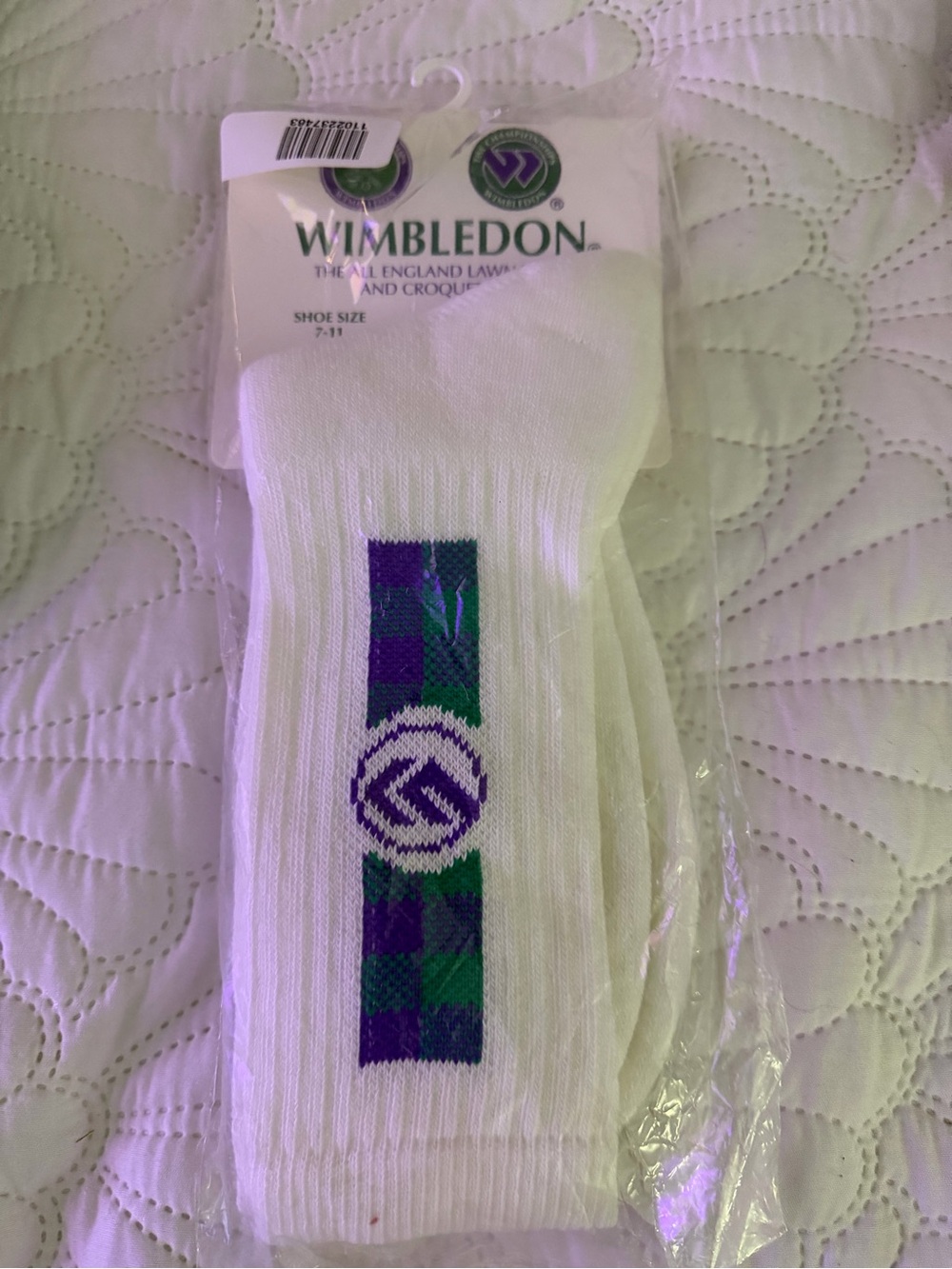 Wimbledon White Crew Athletic Socks with Green & Purple Stripe